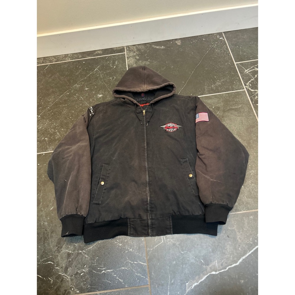 Snap-on Tools Mens XL Black Canvas Hooded Work Jacket Quilted Lined Vintage